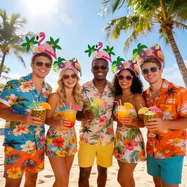 Alt view image 6 of 7 - Hawaiian Luau Flamingo Headband Parrot Headband 2Pcs Tropical Palm Tree Head Boppers Hawaiian Party Headbands Summer Beach Flower Headwear