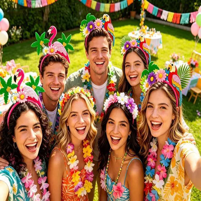 Alt view image 7 of 7 - Hawaiian Luau Flamingo Headband Parrot Headband 2Pcs Tropical Palm Tree Head Boppers Hawaiian Party Headbands Summer Beach Flower Headwear