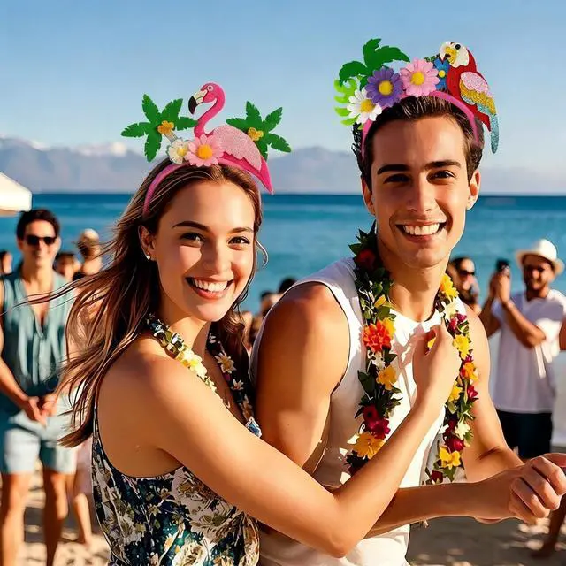 Alt view image 4 of 7 - Hawaiian Luau Flamingo Headband Parrot Headband 2Pcs Tropical Palm Tree Head Boppers Hawaiian Party Headbands Summer Beach Flower Headwear