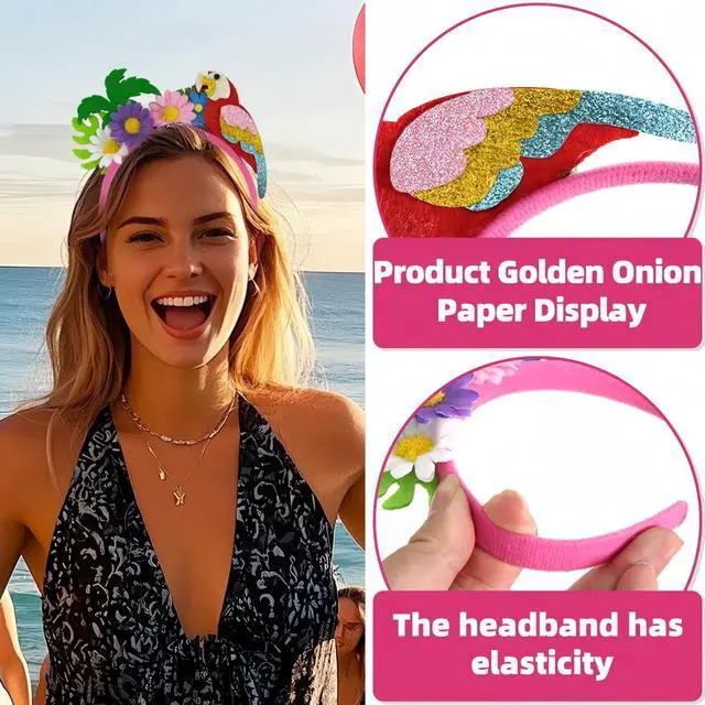 Alt view image 3 of 7 - Hawaiian Luau Flamingo Headband Parrot Headband 2Pcs Tropical Palm Tree Head Boppers Hawaiian Party Headbands Summer Beach Flower Headwear