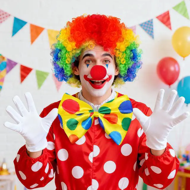Alt view image 5 of 6 - Clown Costume Rainbow Wig Red Nose Bow Tie Gloves for Men Women Adult Party | for Halloween, Carnivals, Decorations