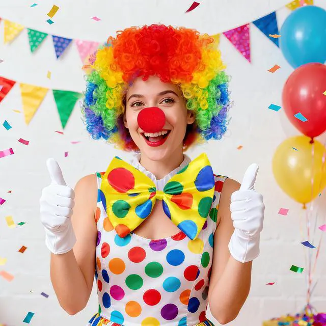 Alt view image 6 of 6 - Clown Costume Rainbow Wig Red Nose Bow Tie Gloves for Men Women Adult Party | for Halloween, Carnivals, Decorations