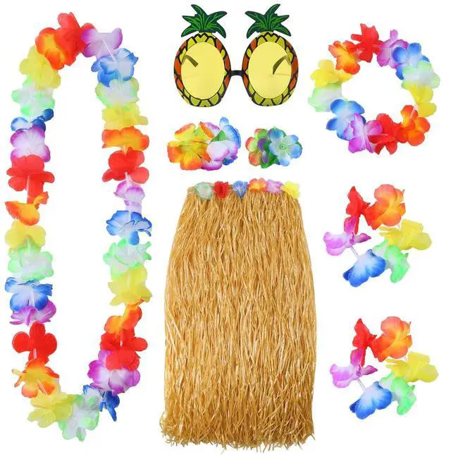 Main image of 8 Pieces Hawaiian Hula Grass Skirt Set | Hawaiian Outfits for Women, Grass Skirts for Adults, Hawaiian Accessories Sunglasses, Leis, Necklace, Bracelet, Classic Color