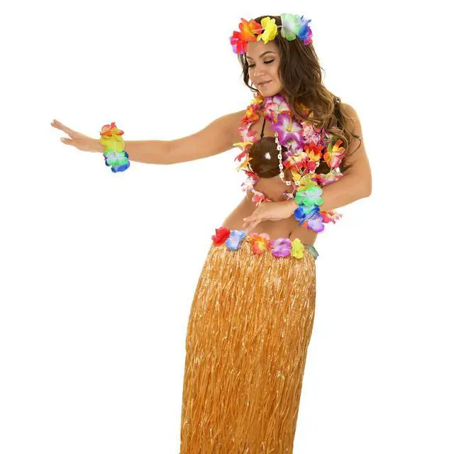 Alt view image 6 of 7 - 8 Pieces Hawaiian Hula Grass Skirt Set | Hawaiian Outfits for Women, Grass Skirts for Adults, Hawaiian Accessories Sunglasses, Leis, Necklace, Bracelet, Classic Color