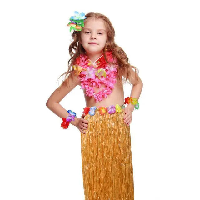 Alt view image 7 of 7 - 8 Pieces Hawaiian Hula Grass Skirt Set | Hawaiian Outfits for Women, Grass Skirts for Adults, Hawaiian Accessories Sunglasses, Leis, Necklace, Bracelet, Classic Color