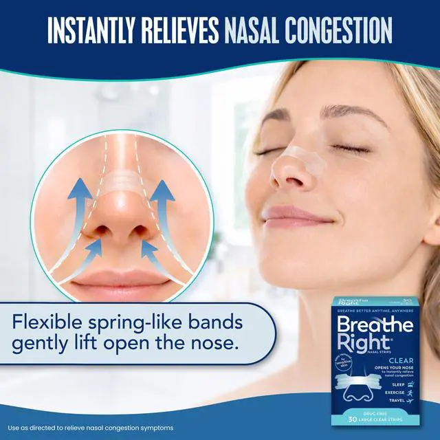 Alt view image 2 of 7 - Nasal Strips, Large, Snoring, Nasal Congestion, Clear, 30 ct | Opens nose and increases nasal airflow, helps reduce snoring caused by nasal congestion, drug-free, for use anytime, anywhere