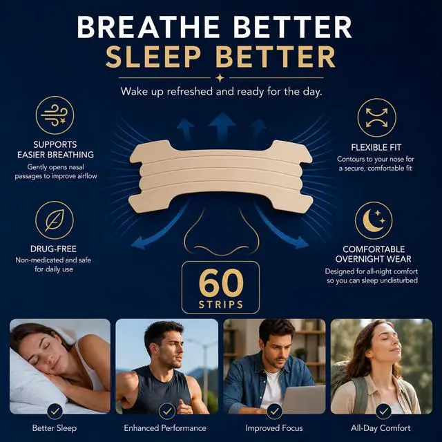 Alt view image 2 of 7 - Nasal Strips, 60 Count, Flexible Nose Strips for Easier Breathing, Comfortable Overnight Wear, Drug-Free Adhesive Strips, Individually Wrapped for Daily Use