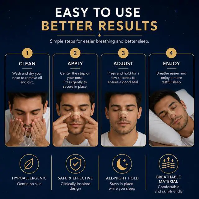 Alt view image 4 of 7 - Nasal Strips, 60 Count, Flexible Nose Strips for Easier Breathing, Comfortable Overnight Wear, Drug-Free Adhesive Strips, Individually Wrapped for Daily Use