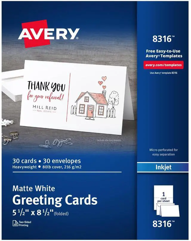 Main image of Printable Half-Fold Greeting Cards, Envelopes Included, 5.5" x 8.5", Matte White, Inkjet Printer Compatible, 30 Blank Cards Total, Great for Product Branding, Marketing, and More (8316)