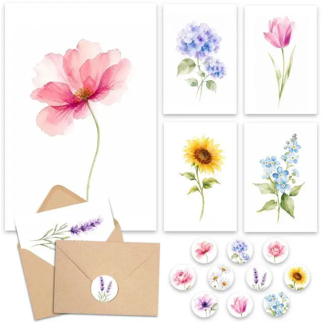 Main image of Blank Cards with Envelopes, Watercolor Flower 50 Pack 3.5x5 inches | 10 Assortment Floral Designs, Greeting Note Perfect Stationary Set For All Occasions
