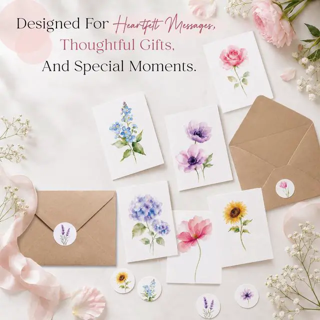 Alt view image 4 of 7 - Blank Cards with Envelopes, Watercolor Flower 50 Pack 3.5x5 inches | 10 Assortment Floral Designs, Greeting Note Perfect Stationary Set For All Occasions