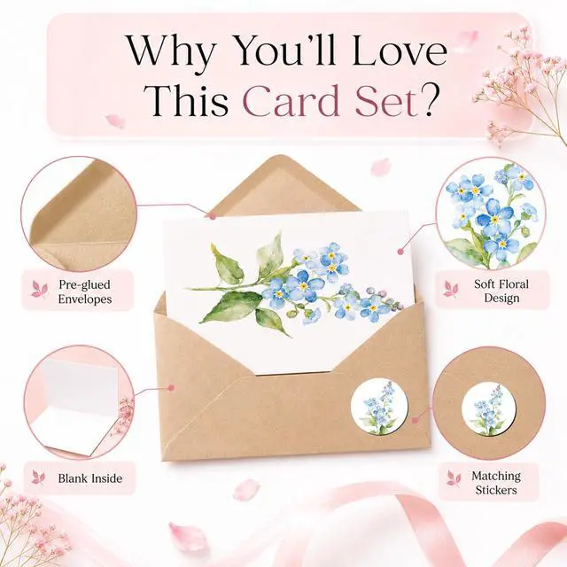 Alt view image 6 of 7 - Blank Cards with Envelopes, Watercolor Flower 50 Pack 3.5x5 inches | 10 Assortment Floral Designs, Greeting Note Perfect Stationary Set For All Occasions