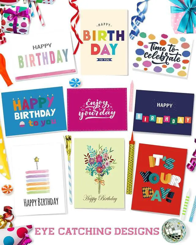 Alt view image 4 of 7 - 80 Unique Birthday Cards- Happy Birthday Cards Bulk With Greetings Inside Assorted Envelopes and Stickers -Large 5 x 7 inches- Greeting Box Set