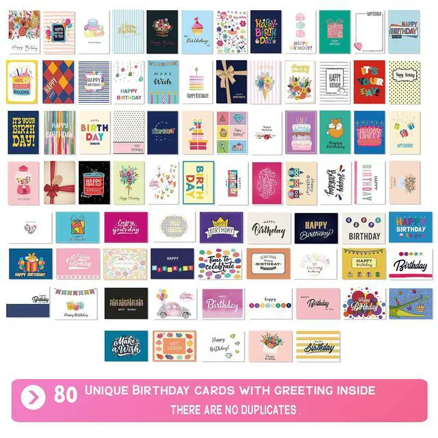 Alt view image 2 of 7 - 80 Unique Birthday Cards- Happy Birthday Cards Bulk With Greetings Inside Assorted Envelopes and Stickers -Large 5 x 7 inches- Greeting Box Set