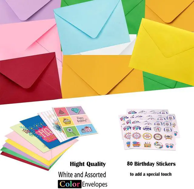 Alt view image 7 of 7 - 80 Unique Birthday Cards- Happy Birthday Cards Bulk With Greetings Inside Assorted Envelopes and Stickers -Large 5 x 7 inches- Greeting Box Set