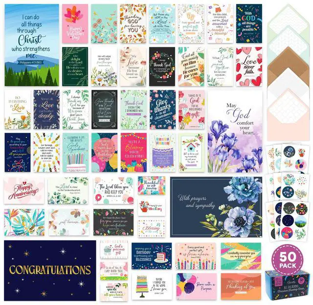 Main image of Christian Greeting Cards Assortment Box, 50 Pack, All Occasion | Religious 4x6 cards with envelopes & stickers, scripture inside - birthday, thank you, thinking of you, wedding, sympathy