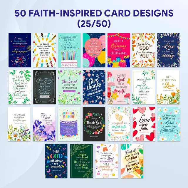Alt view image 4 of 7 - Christian Greeting Cards Assortment Box, 50 Pack, All Occasion | Religious 4x6 cards with envelopes & stickers, scripture inside - birthday, thank you, thinking of you, wedding, sympathy