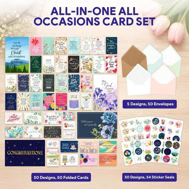 Alt view image 6 of 7 - Christian Greeting Cards Assortment Box, 50 Pack, All Occasion | Religious 4x6 cards with envelopes & stickers, scripture inside - birthday, thank you, thinking of you, wedding, sympathy