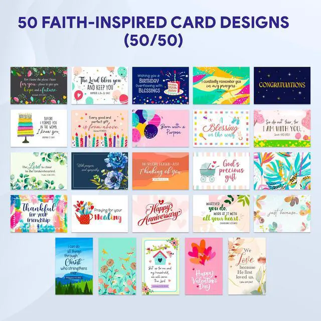 Alt view image 5 of 7 - Christian Greeting Cards Assortment Box, 50 Pack, All Occasion | Religious 4x6 cards with envelopes & stickers, scripture inside - birthday, thank you, thinking of you, wedding, sympathy