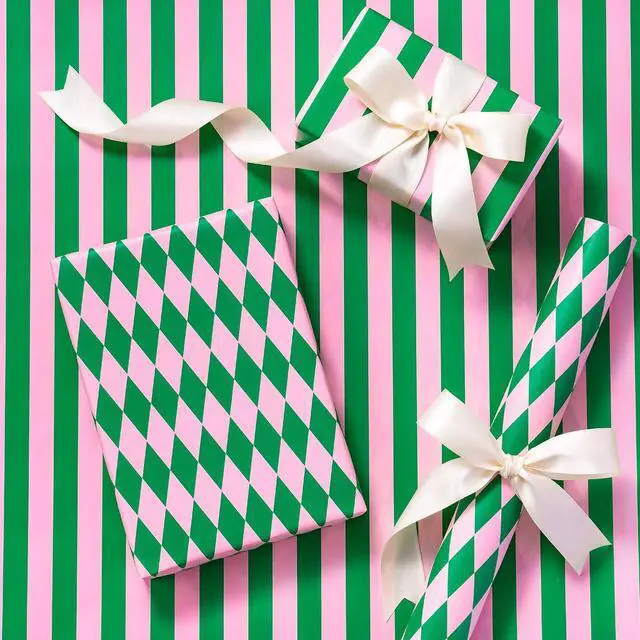 Main image of Reversible Wrapping Paper Roll, Mini Roll, Green & Light Pink Stripes and Diamond Pattern, Holiday Gift Wrap for Christmas, Birthday, Valentine's Day, Merry Market Gifts, 17 Inches x 16.4 Feet