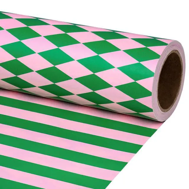 Alt view image 2 of 7 - Reversible Wrapping Paper Roll, Mini Roll, Green & Light Pink Stripes and Diamond Pattern, Holiday Gift Wrap for Christmas, Birthday, Valentine's Day, Merry Market Gifts, 17 Inches x 16.4 Feet