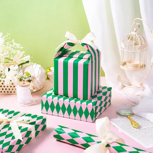 Alt view image 3 of 7 - Reversible Wrapping Paper Roll, Mini Roll, Green & Light Pink Stripes and Diamond Pattern, Holiday Gift Wrap for Christmas, Birthday, Valentine's Day, Merry Market Gifts, 17 Inches x 16.4 Feet
