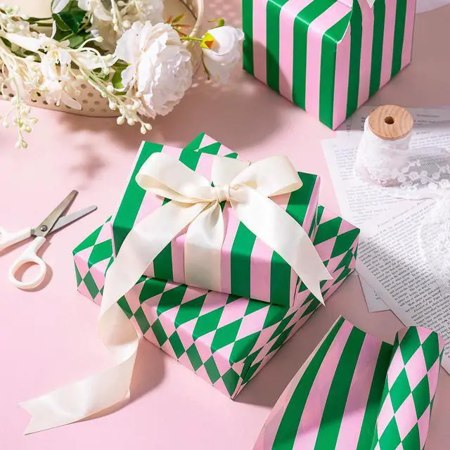 Alt view image 5 of 7 - Reversible Wrapping Paper Roll, Mini Roll, Green & Light Pink Stripes and Diamond Pattern, Holiday Gift Wrap for Christmas, Birthday, Valentine's Day, Merry Market Gifts, 17 Inches x 16.4 Feet
