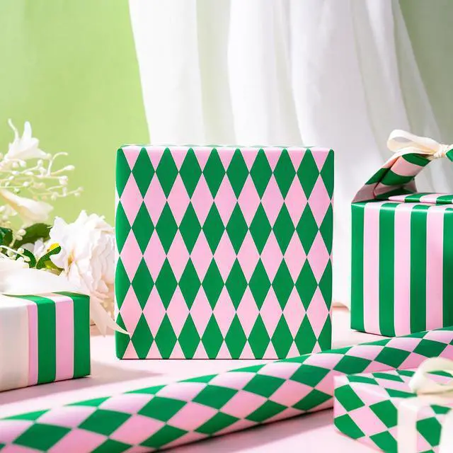 Alt view image 6 of 7 - Reversible Wrapping Paper Roll, Mini Roll, Green & Light Pink Stripes and Diamond Pattern, Holiday Gift Wrap for Christmas, Birthday, Valentine's Day, Merry Market Gifts, 17 Inches x 16.4 Feet