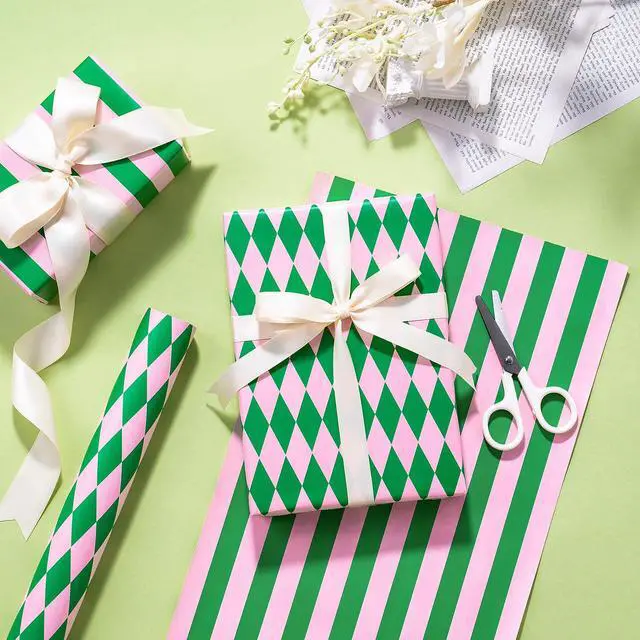 Alt view image 4 of 7 - Reversible Wrapping Paper Roll, Mini Roll, Green & Light Pink Stripes and Diamond Pattern, Holiday Gift Wrap for Christmas, Birthday, Valentine's Day, Merry Market Gifts, 17 Inches x 16.4 Feet