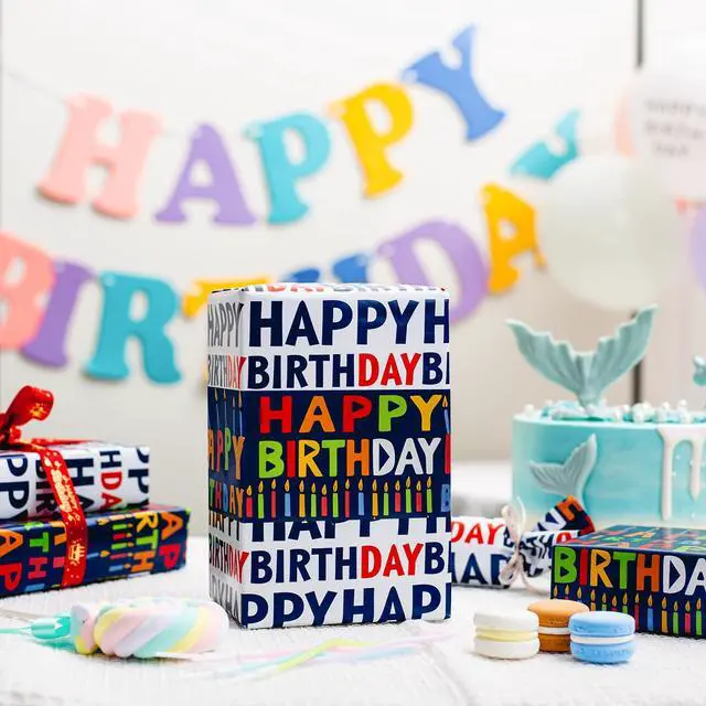 Alt view image 2 of 7 - Birthday Wrapping Paper,17InX33Ft,Blue Wrapping Paper Birthday Boy | Colorful Happy Birthday Wrapping Paper, Navy Blue Birthday Gift Wrap for Boys Men Birthday,Baby Shower, Holiday
