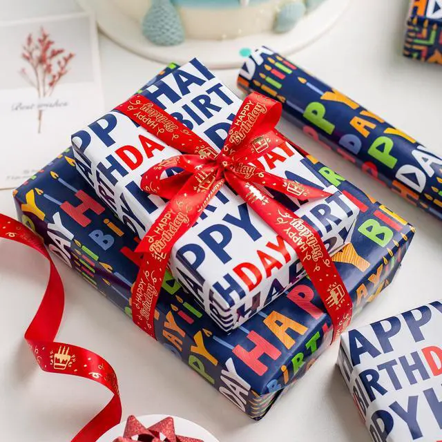 Alt view image 3 of 7 - Birthday Wrapping Paper,17InX33Ft,Blue Wrapping Paper Birthday Boy | Colorful Happy Birthday Wrapping Paper, Navy Blue Birthday Gift Wrap for Boys Men Birthday,Baby Shower, Holiday