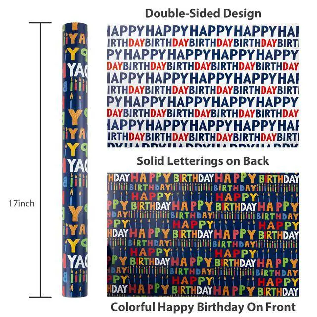 Alt view image 6 of 7 - Birthday Wrapping Paper,17InX33Ft,Blue Wrapping Paper Birthday Boy | Colorful Happy Birthday Wrapping Paper, Navy Blue Birthday Gift Wrap for Boys Men Birthday,Baby Shower, Holiday