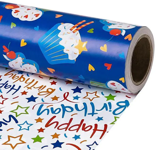 Main image of Reversible Birthday Wrapping Paper Roll, Mini Roll, Blue Cupcake Design and Colorful Happy Text with Stars, Colorful Adorable Gift Wrap for Boys Girls Birthday Party, 17 Inches x 16.4 Feet
