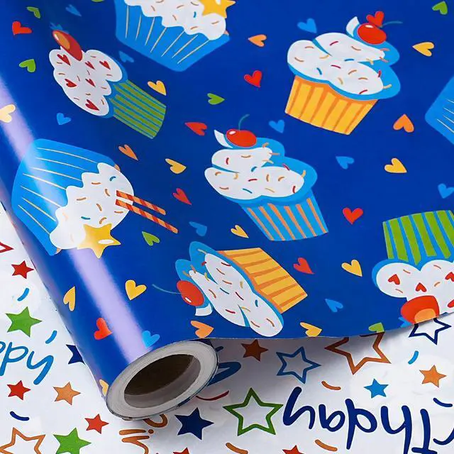 Alt view image 2 of 7 - Reversible Birthday Wrapping Paper Roll, Mini Roll, Blue Cupcake Design and Colorful Happy Text with Stars, Colorful Adorable Gift Wrap for Boys Girls Birthday Party, 17 Inches x 16.4 Feet