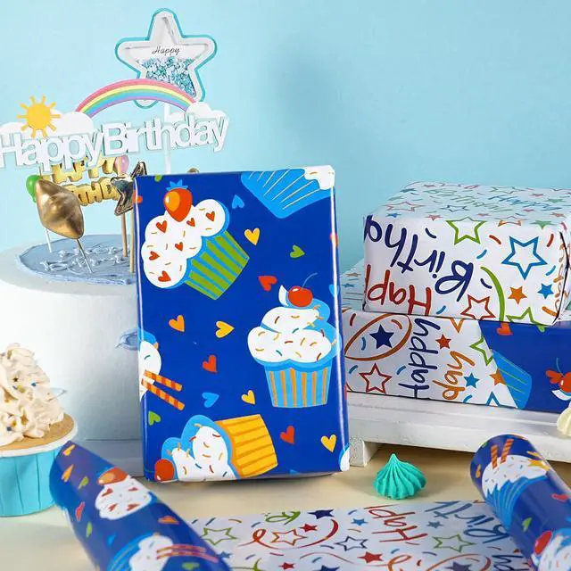 Alt view image 3 of 7 - Reversible Birthday Wrapping Paper Roll, Mini Roll, Blue Cupcake Design and Colorful Happy Text with Stars, Colorful Adorable Gift Wrap for Boys Girls Birthday Party, 17 Inches x 16.4 Feet
