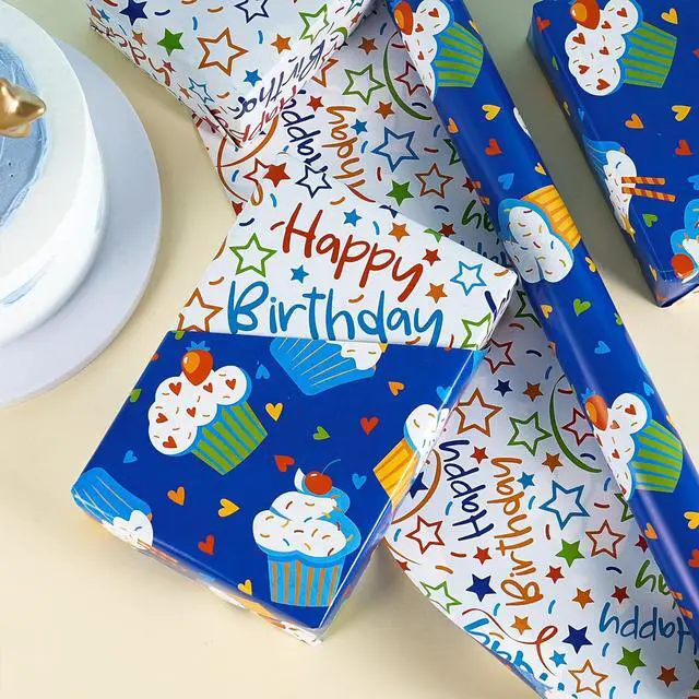 Alt view image 4 of 7 - Reversible Birthday Wrapping Paper Roll, Mini Roll, Blue Cupcake Design and Colorful Happy Text with Stars, Colorful Adorable Gift Wrap for Boys Girls Birthday Party, 17 Inches x 16.4 Feet