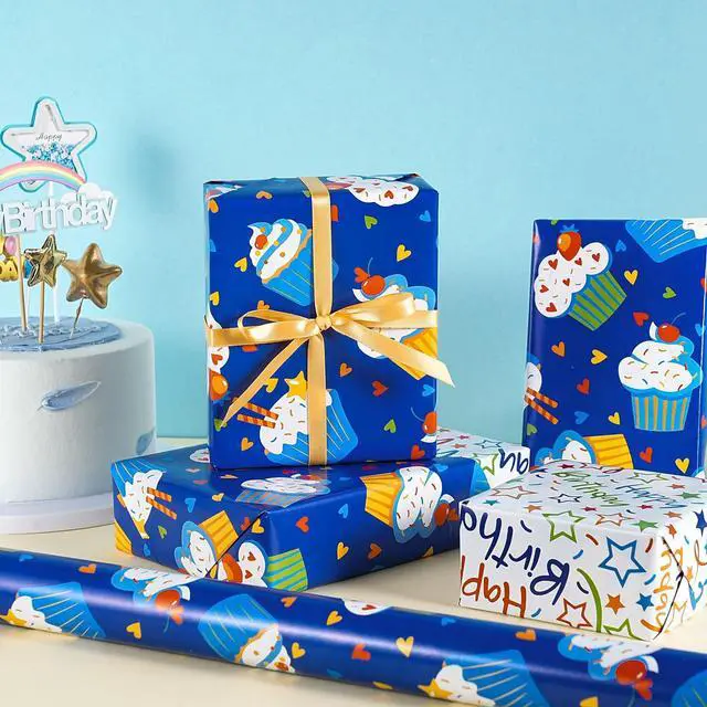 Alt view image 5 of 7 - Reversible Birthday Wrapping Paper Roll, Mini Roll, Blue Cupcake Design and Colorful Happy Text with Stars, Colorful Adorable Gift Wrap for Boys Girls Birthday Party, 17 Inches x 16.4 Feet