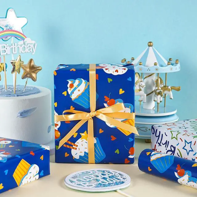 Alt view image 6 of 7 - Reversible Birthday Wrapping Paper Roll, Mini Roll, Blue Cupcake Design and Colorful Happy Text with Stars, Colorful Adorable Gift Wrap for Boys Girls Birthday Party, 17 Inches x 16.4 Feet