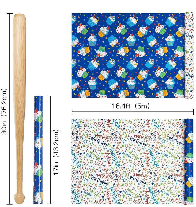 Alt view image 7 of 7 - Reversible Birthday Wrapping Paper Roll, Mini Roll, Blue Cupcake Design and Colorful Happy Text with Stars, Colorful Adorable Gift Wrap for Boys Girls Birthday Party, 17 Inches x 16.4 Feet