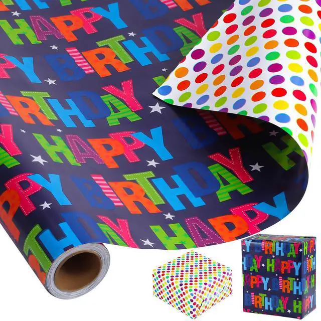 Main image of Birthday Wrapping Paper Boy Roll 17 Inch x 36 Feet | Reversible Happy Birthday Gift Wrapping Paper for Boys Girls Kids Party Baby Shower Holiday