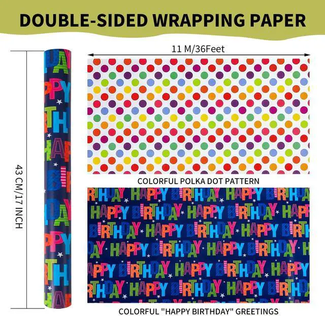 Alt view image 2 of 7 - Birthday Wrapping Paper Boy Roll 17 Inch x 36 Feet | Reversible Happy Birthday Gift Wrapping Paper for Boys Girls Kids Party Baby Shower Holiday