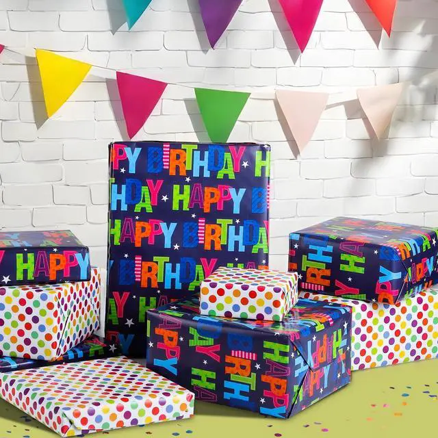 Alt view image 5 of 7 - Birthday Wrapping Paper Boy Roll 17 Inch x 36 Feet | Reversible Happy Birthday Gift Wrapping Paper for Boys Girls Kids Party Baby Shower Holiday