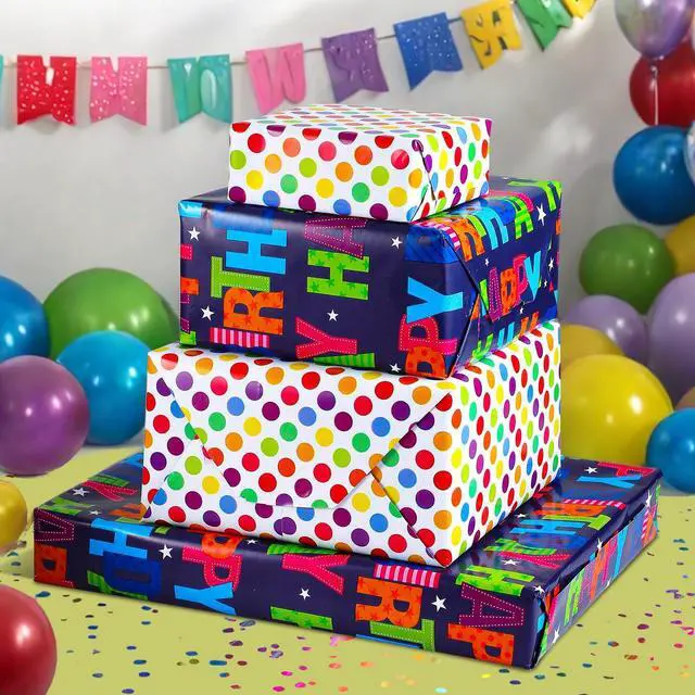 Alt view image 7 of 7 - Birthday Wrapping Paper Boy Roll 17 Inch x 36 Feet | Reversible Happy Birthday Gift Wrapping Paper for Boys Girls Kids Party Baby Shower Holiday