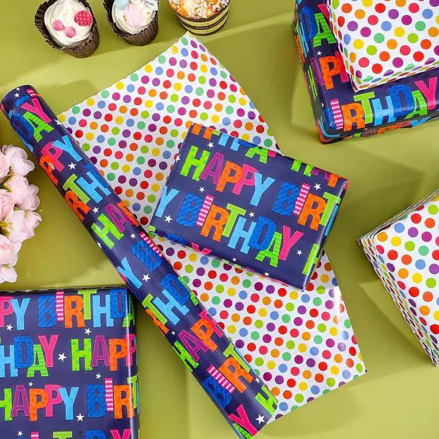 Alt view image 4 of 7 - Birthday Wrapping Paper Boy Roll 17 Inch x 36 Feet | Reversible Happy Birthday Gift Wrapping Paper for Boys Girls Kids Party Baby Shower Holiday