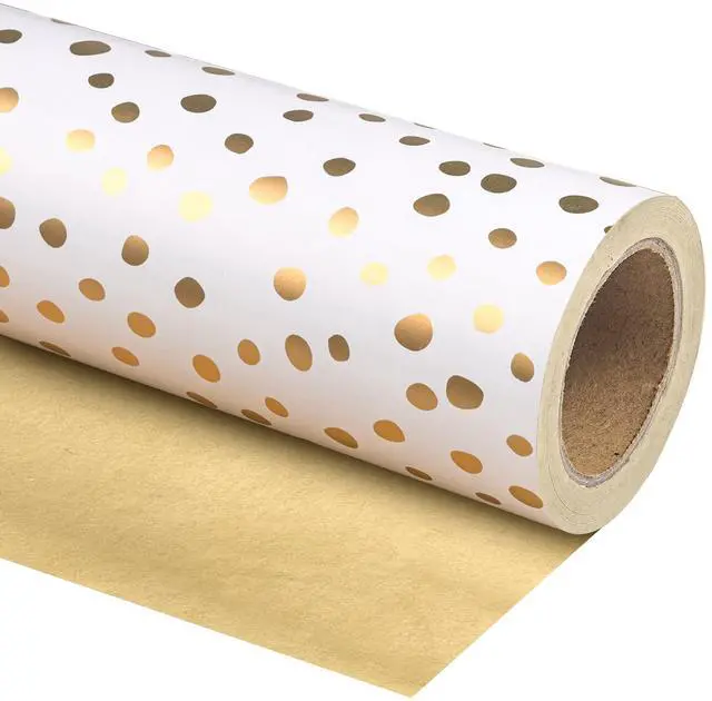 Main image of Reversible Gold Wrapping Paper - Mini Roll - 17 Inch X 33 Feet - Gold Print and Delicate Polka Dots Design for Birthday, Christmas, Wedding, Baby Shower