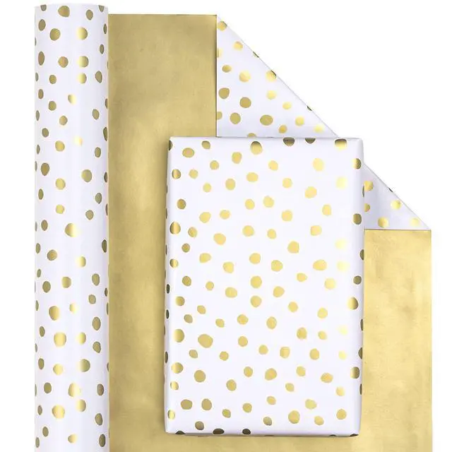 Alt view image 2 of 7 - Reversible Gold Wrapping Paper - Mini Roll - 17 Inch X 33 Feet - Gold Print and Delicate Polka Dots Design for Birthday, Christmas, Wedding, Baby Shower