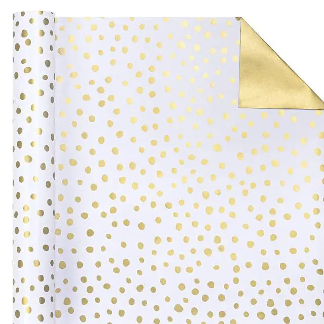 Alt view image 3 of 7 - Reversible Gold Wrapping Paper - Mini Roll - 17 Inch X 33 Feet - Gold Print and Delicate Polka Dots Design for Birthday, Christmas, Wedding, Baby Shower