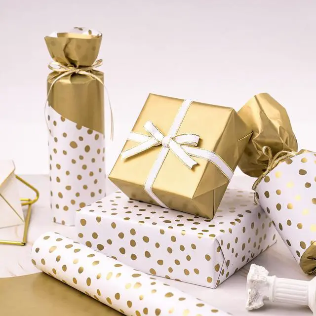 Alt view image 4 of 7 - Reversible Gold Wrapping Paper - Mini Roll - 17 Inch X 33 Feet - Gold Print and Delicate Polka Dots Design for Birthday, Christmas, Wedding, Baby Shower