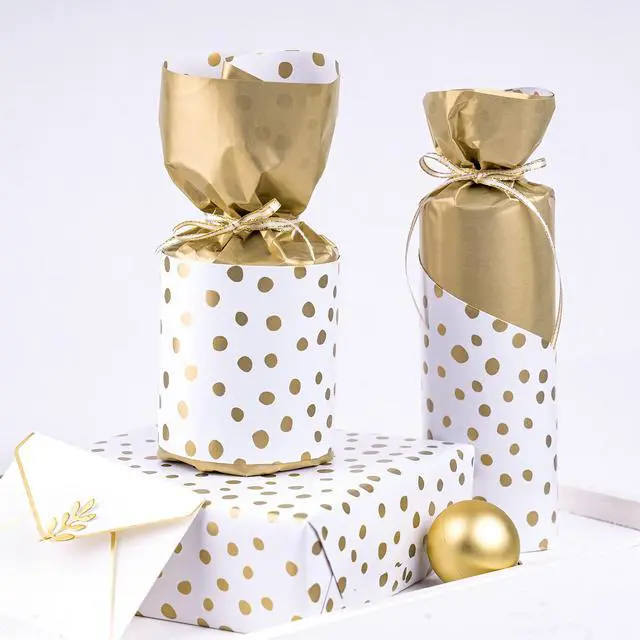 Alt view image 6 of 7 - Reversible Gold Wrapping Paper - Mini Roll - 17 Inch X 33 Feet - Gold Print and Delicate Polka Dots Design for Birthday, Christmas, Wedding, Baby Shower