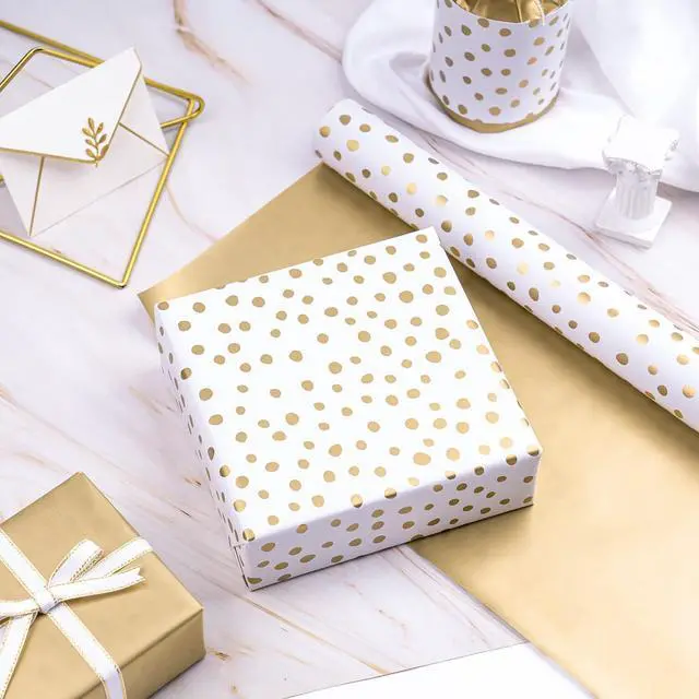 Alt view image 7 of 7 - Reversible Gold Wrapping Paper - Mini Roll - 17 Inch X 33 Feet - Gold Print and Delicate Polka Dots Design for Birthday, Christmas, Wedding, Baby Shower